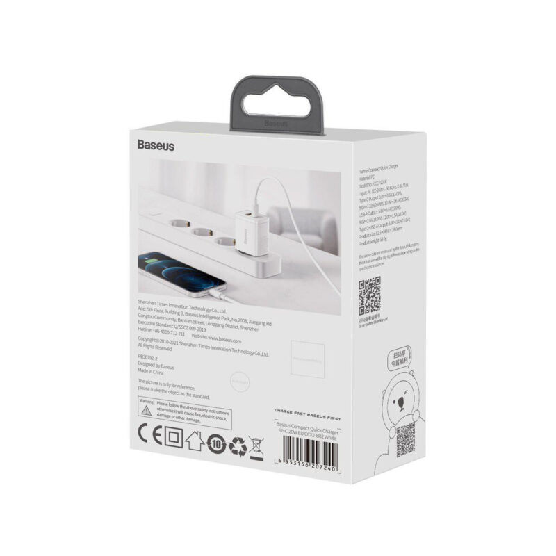 ŁADOWARKA SIECIOWA Baseus Compact Quick Charger CCXJ-B02 20W 1x USB-A 1x USB-C PD 3.0 QC 3.0 BIAŁA