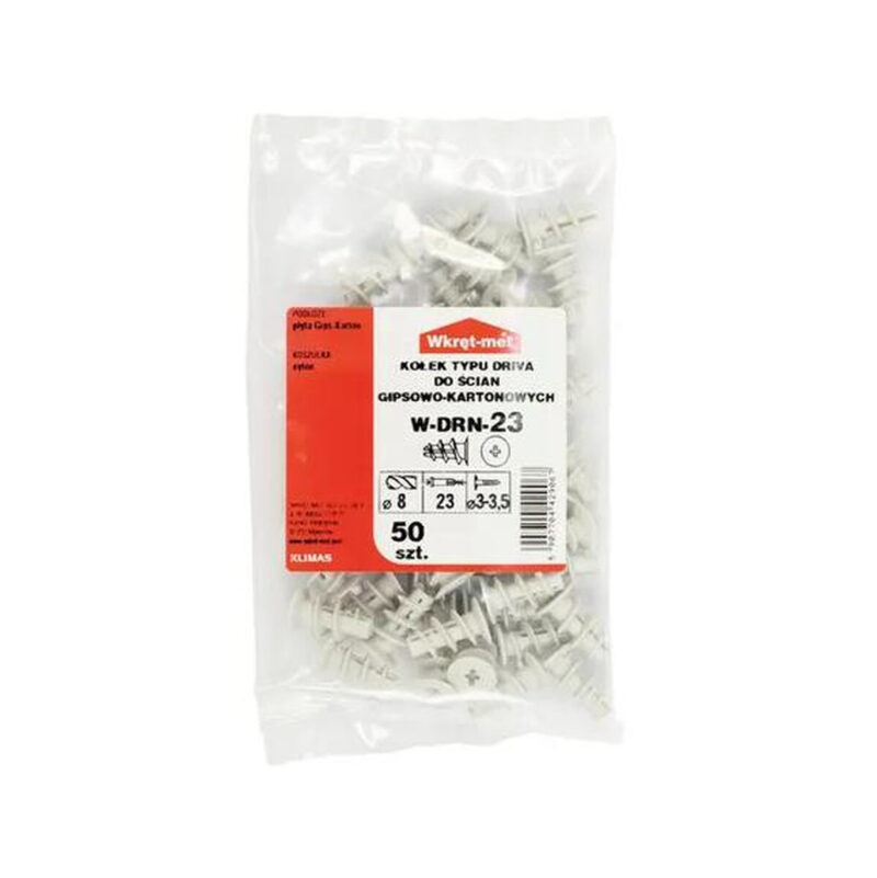 KOŁEK NYLONOWY W-DRN-23 DO MOCOWANIA W PŁYTACH KARTONOWO-GIPSOWYCH TYPU DRIVA 50szt. WOREK