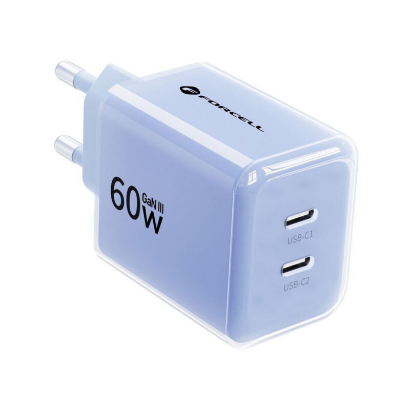Ładowarka sieciowa Forcell F-Energy GaN III VT-60 60W PD QC 4.0+ 2x USB-C niebieska + kabel USB-C
