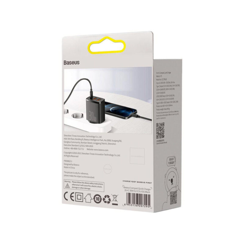 ŁADOWARKA SIECIOWA Baseus Compact Quick Charger CCXJ-E01 30W 2x USB-A 1x USB-C PD 3.0 QC 3.0 CZARNA
