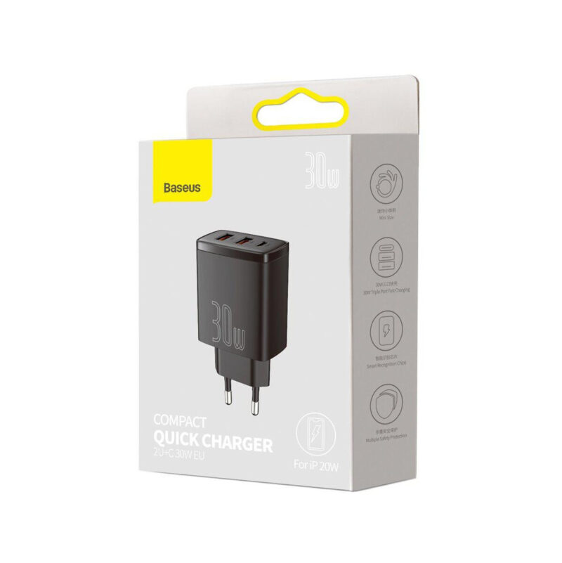 ŁADOWARKA SIECIOWA Baseus Compact Quick Charger CCXJ-E01 30W 2x USB-A 1x USB-C PD 3.0 QC 3.0 CZARNA