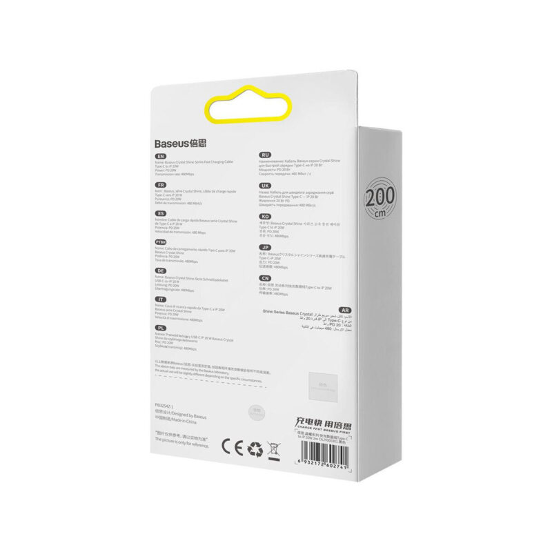 KABEL USB-C / Lightning iPhone Baseus Crystal CAJY000301 2m 20W PD QC CZARNY W OPLOCIE PREMIUM