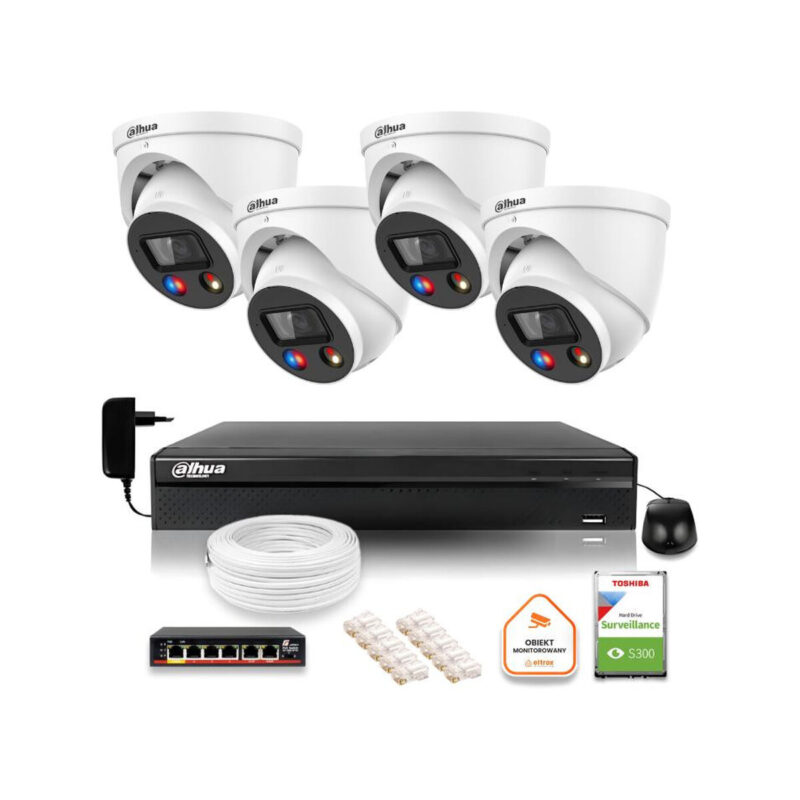 Zestaw monitoringu IP Dahua TIOC 8mpx 4K 4 kamery z alarmem NVR z dyskiem