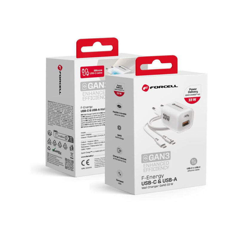 1357cad99069a2cffd6d67f9c17b534e_original ŁADOWARKA SIECIOWA Forcell F-Energy GaN III VT-41 33 W 1x USB-C 1x USB-A PD 3.0 QC 4.0 BIAŁA