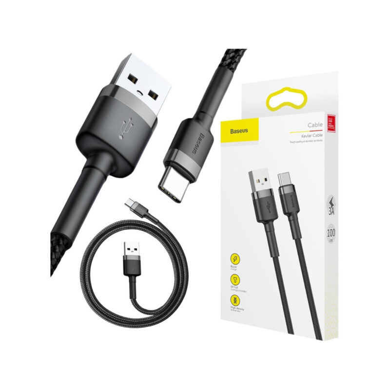 KABEL USB-A / USB-C Baseus Cafule CATKLF-BG1 100cm 3A QC 3.0 CZARNO-SZARY W NYLONOWYM OPLOCIE