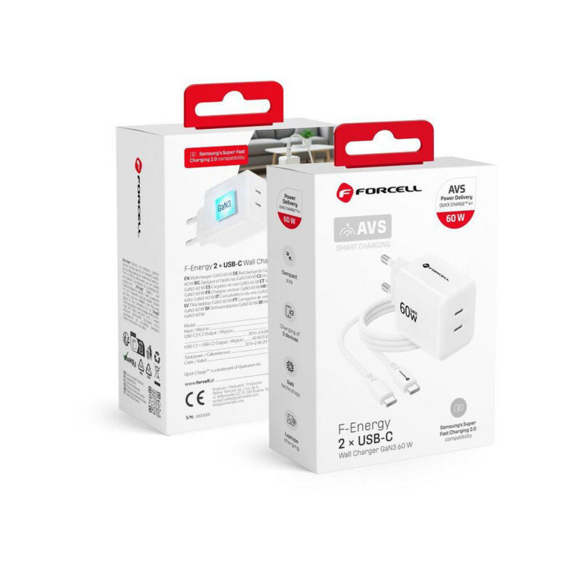 Ładowarka sieciowa Forcell F-Energy GaN III VT-60 60W PD QC 4.0+ 2x USB-C biała + kabel USB-C