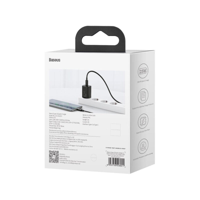 ŁADOWARKA SIECIOWA Baseus Super Si Quick Charger 1C TZCCSUP-L01 25W 1x USB-C PD 3.0 QC 3.0 + KABEL