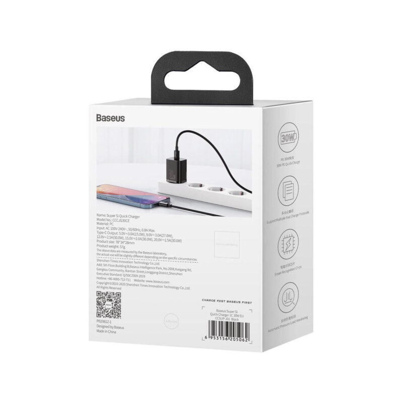 ŁADOWARKA SIECIOWA Baseus Super Si Quick Charger 1C CCSUP-J01 30W 1x USB-C PD 3.0 QC 3.0 CZARNA