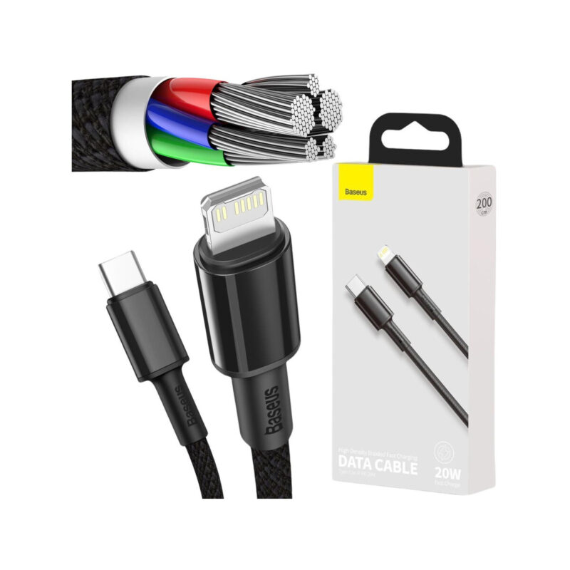 KABEL USB-C / Lightning iPhone Baseus Cafule CATLGD-A01 2m 20W PD Quick Charging CZARNY W OPLOCIE