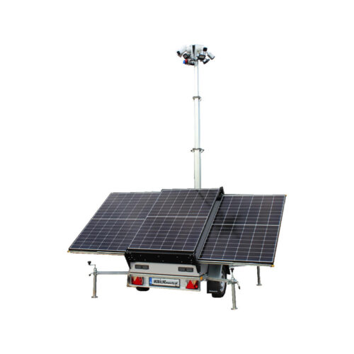 Przyczepa wieża do monitoringu PV3 z zabudową z zasilaniem solarnym i elektroniką na 4 kamery