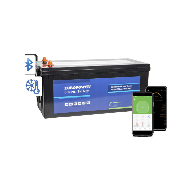 Akumulator LiFePO4 EUROPOWER serii LFP 12,8V 200Ah Bluetooth, mata grzewcza (Żywotność ~2000 cykli)