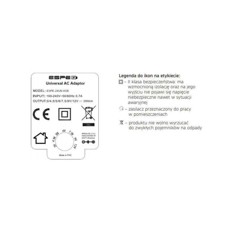 ZASILACZ WTYCZKOWY 3-12V 2A 1m. 3V 4,5V 5V 6V 7,5V 9V 12VDC REGULOWANY ESPE