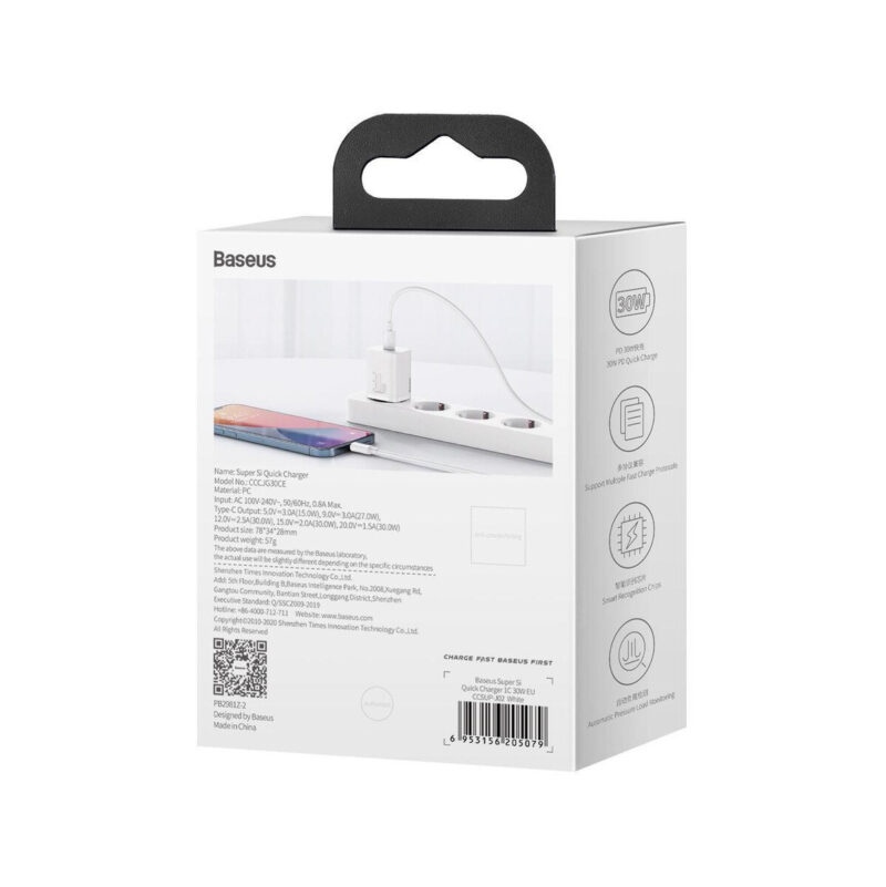 ŁADOWARKA SIECIOWA Baseus Super Si Quick Charger 1C CCSUP-J02 30W 1x USB-C PD 3.0 QC 3.0 BIAŁA