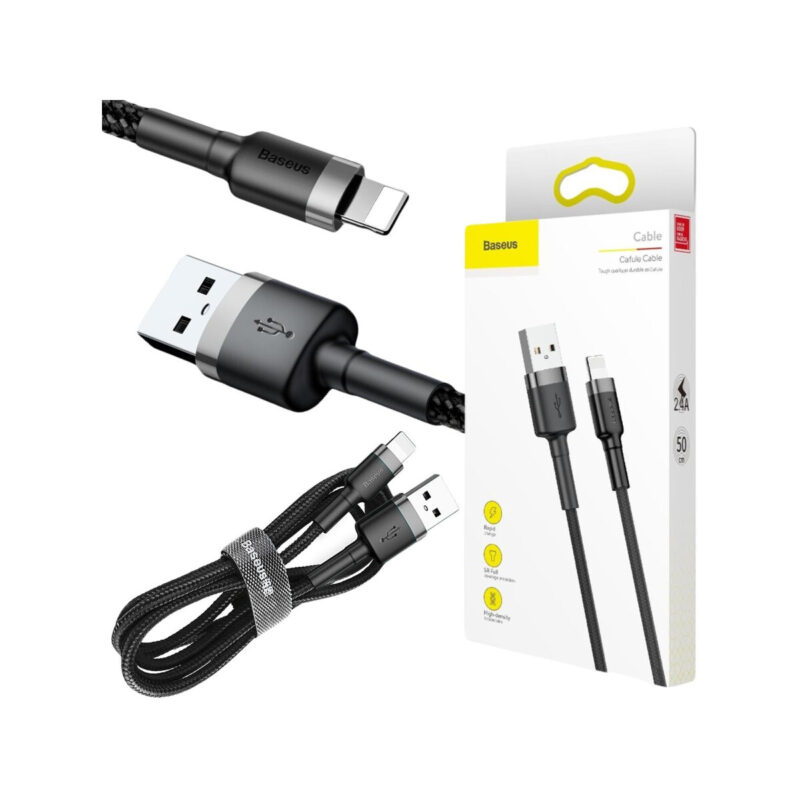 KABEL USB-A / Lightning iPhone Baseus Cafule CALKLF-AG1 50cm Apple 2.4A CZARNO-SZARY W OPLOCIE