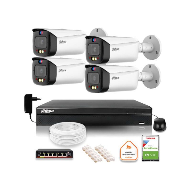 Zestaw monitoringu IP Dahua TIOC 5mpx 2K 4 kamery tubowa NVR z dyskiem