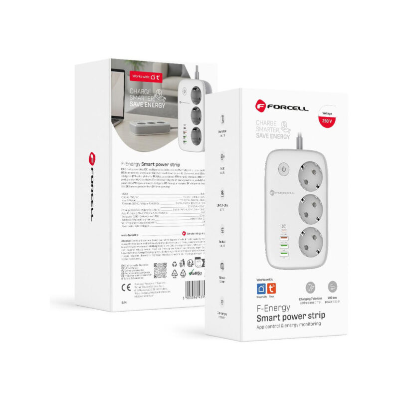 Listwa sieciowa Forcell F-Energy 3x schuko, USB-C 30W, 3x USB-A QC3.0 PD WiFi Tuya 2500W 10A