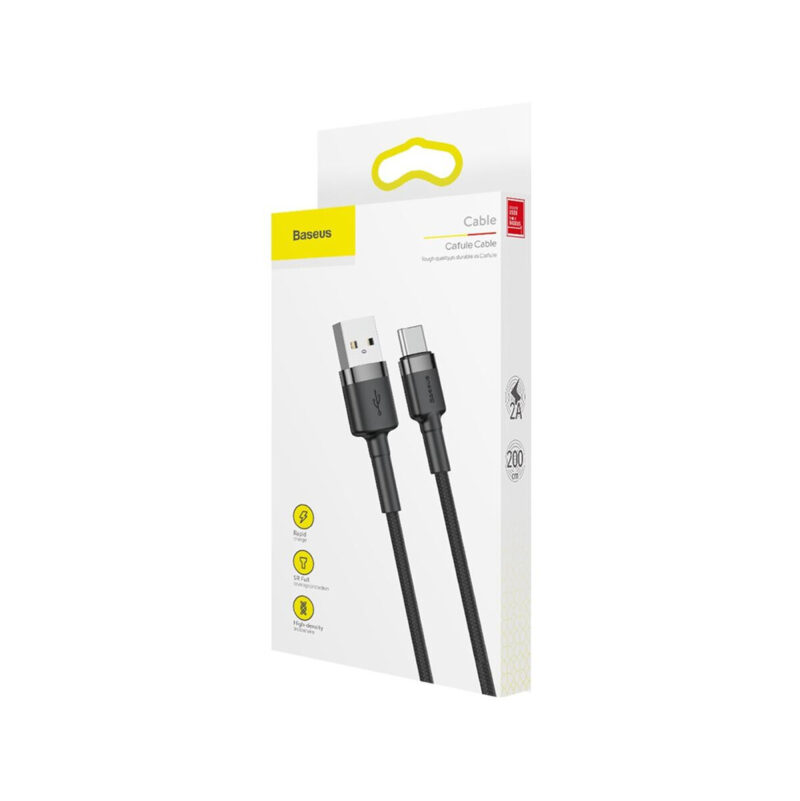 KABEL USB-A / USB-C Baseus Cafule CATKLF-CG1 200cm 2A QC 3.0 CZARNO-SZARY W NYLONOWYM OPLOCIE