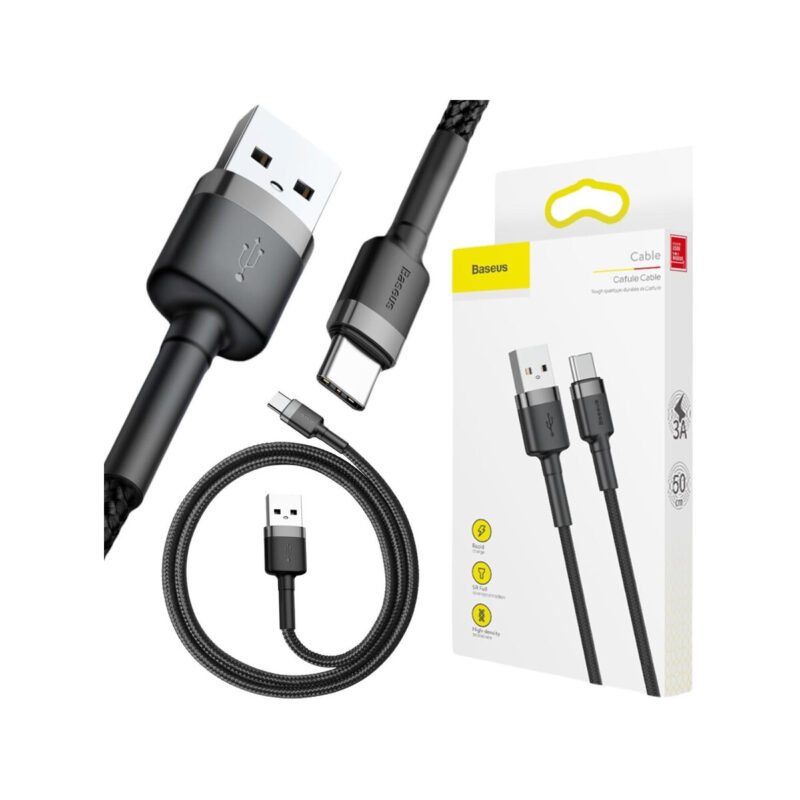 KABEL USB-A / USB-C Baseus Cafule CATKLF-AG1 50cm 3A QC 3.0 CZARNO-SZARY W NYLONOWYM OPLOCIE