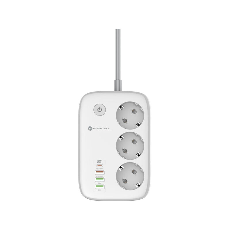 Listwa sieciowa Forcell F-Energy 3x schuko, USB-C 30W, 3x USB-A QC3.0 PD WiFi Tuya 2500W 10A