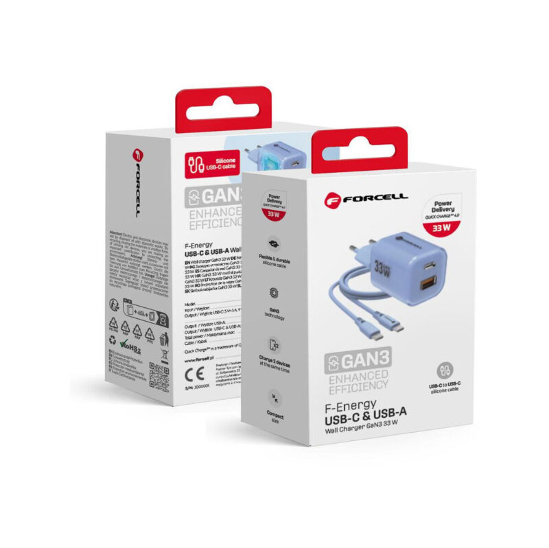3e6515368ce8f4761fa228d871b033e2_original ŁADOWARKA SIECIOWA Forcell F-Energy GaN III VT-41 33 W 1x USB-C 1x USB-A PD 3.0 QC 4.0 NIEBIESKA