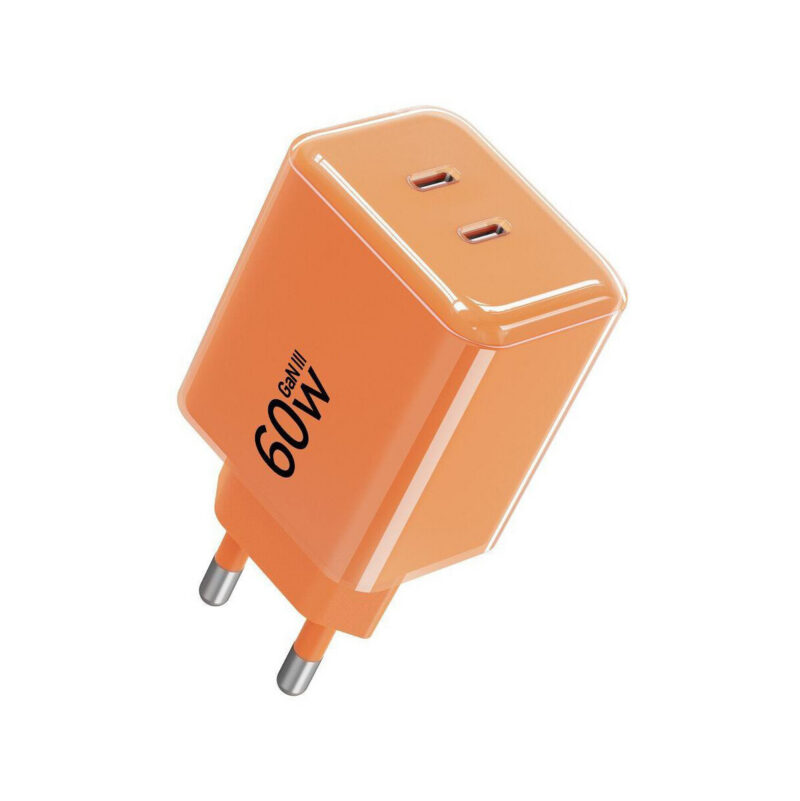 Ładowarka sieciowa Forcell F-Energy GaN III VT-60 60W PD QC 4.0+ 2x USB-C pomarańczowa + kabel USB-C