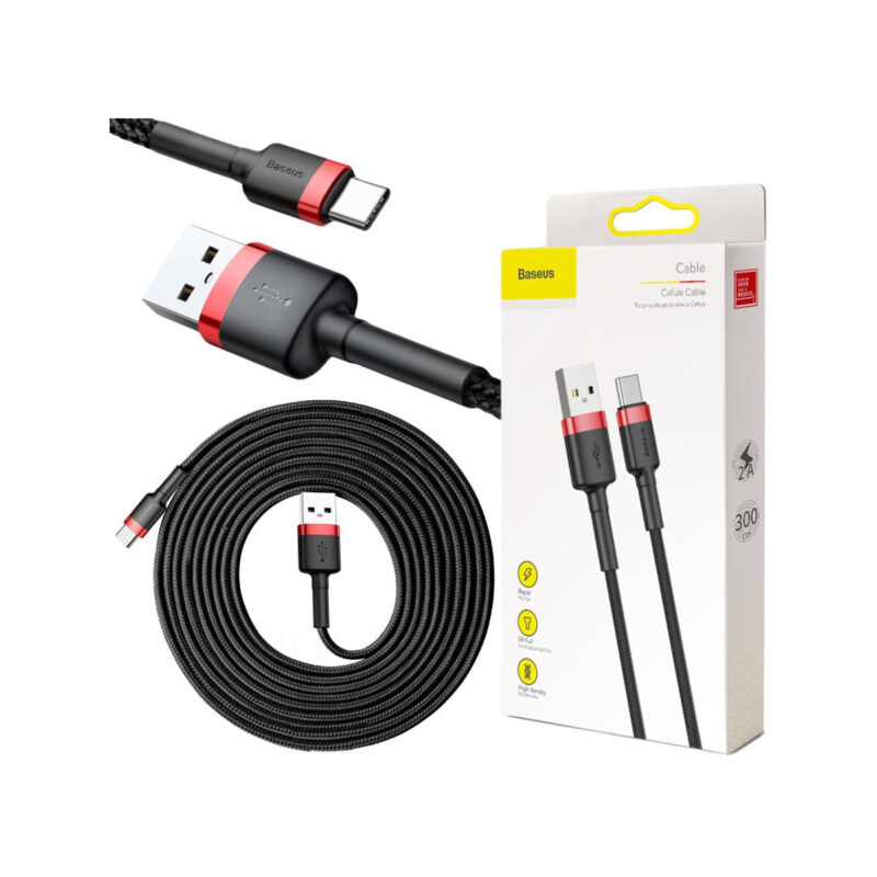 KABEL USB-A / USB-C Baseus Cafule CATKLF-U91 300cm 2A QC 3.0 CZARNO-CZERWONY W OPLOCIE