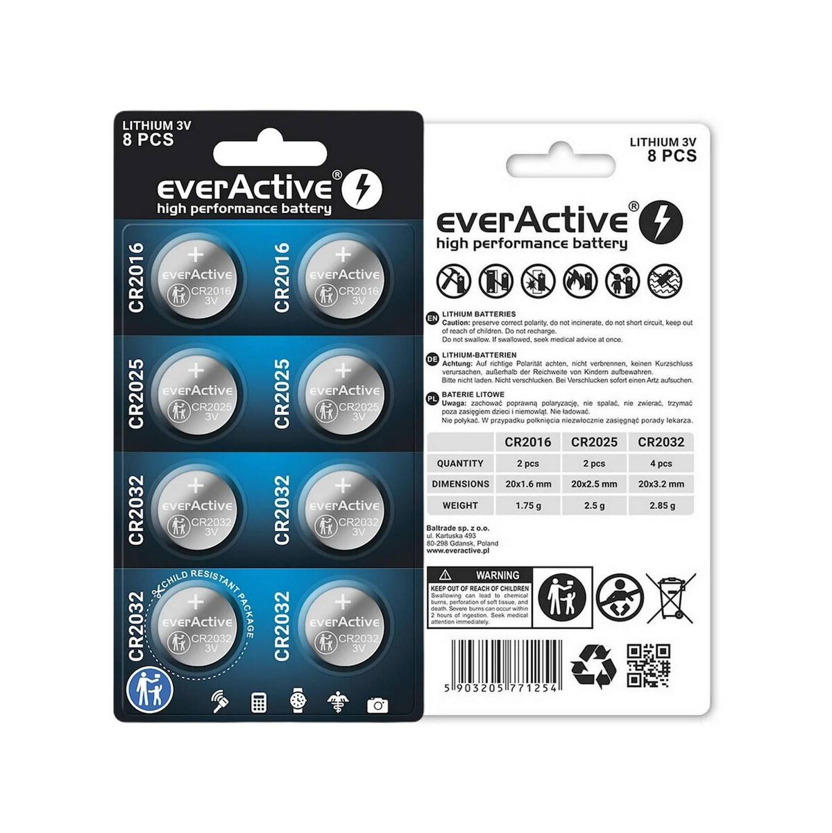 Zestaw 8 baterii 3,0V 4x CR2032 2x CR2025 2x CR2016 everActive