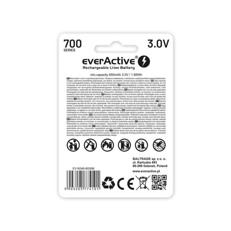 Akumulatorek 16340 / R-CR123 3V everActive 700mAh (1 szt.) z zabezpieczeniem