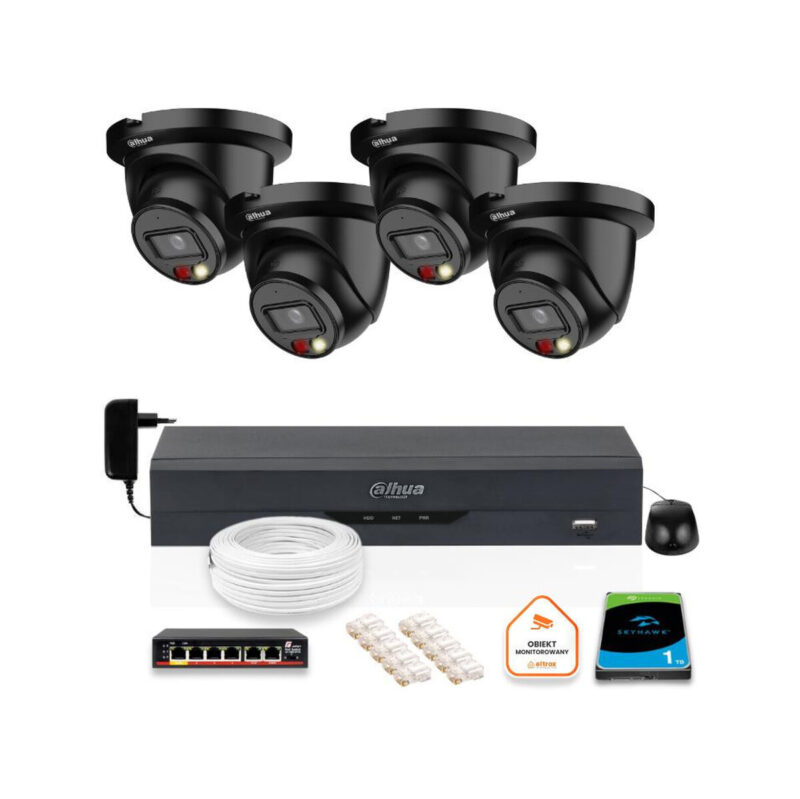 ZESTAW 4 Kamer czarnych IP Dahua 8mpx IPC-HDW2849TM-S-IL-BLACK + DYSK