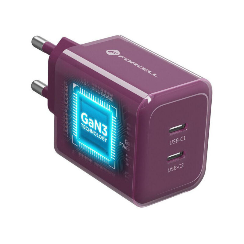 Ładowarka sieciowa Forcell F-Energy GaN III VT-60 60W PD QC 4.0+ 2x USB-C burgundowa + kabel USB-C