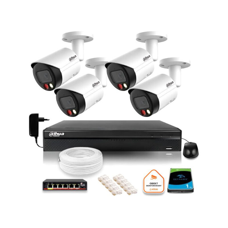 Zestaw monitoringu IP Dahua 4 kamer FullHD z podwójnych oświetleniem kolor w nocy