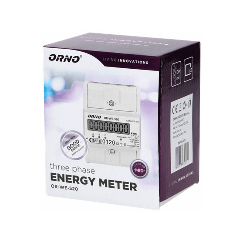 OR-WE-520 ORNO 3-fazowy licznik energii elektrycznej, 80A, MID, 3 moduły, DIN TH-35mm
