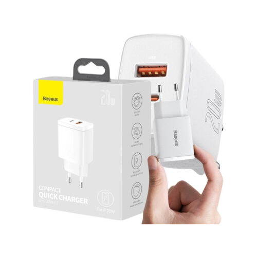 ŁADOWARKA SIECIOWA Baseus Compact Quick Charger CCXJ-B02 20W 1x USB-A 1x USB-C PD 3.0 QC 3.0 BIAŁA