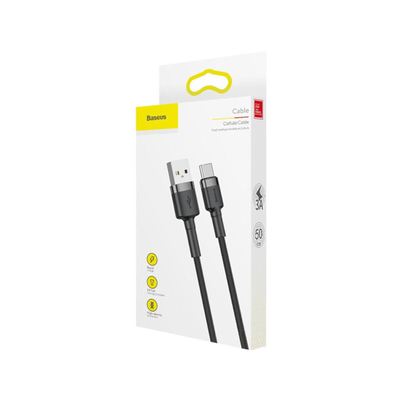 KABEL USB-A / USB-C Baseus Cafule CATKLF-AG1 50cm 3A QC 3.0 CZARNO-SZARY W NYLONOWYM OPLOCIE