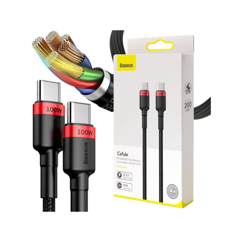 KABEL USB-C / USB-C Baseus Cafule CATKLF-AL91 200cm 100W 5A PD 2.0 QC 3.0 CZARNY W OPLOCIE