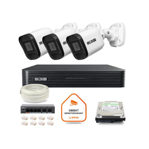 Zestaw monitoringu IP BCS Basic 3x Kamera BCS-B-TIP15FR3(2.0) Rejestrator z dyskiem