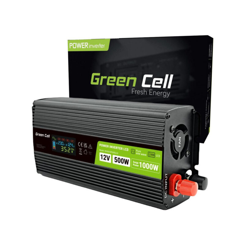 PRZETWORNICA NAPIĘCIA Green Cell PowerInverter LCD 12V / 230V 500W/1000W CZYSTA SINUSOIDA