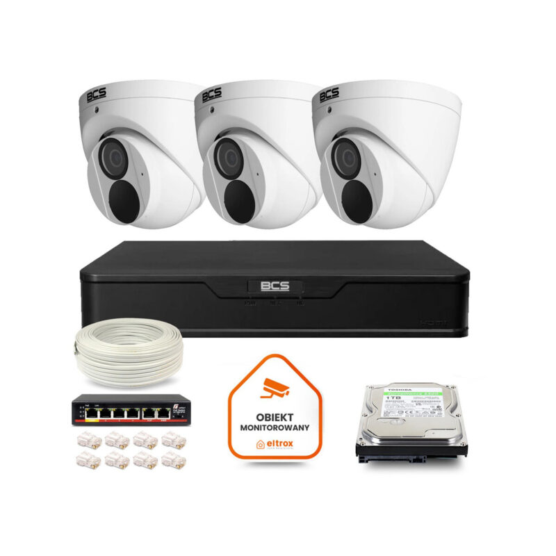 Zestaw monitoringu IP BCS Point 3x Kamera BCS-P-EIP28FWR3-Ai2 Rejestrator z dyskiem