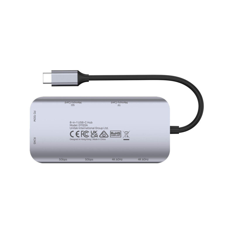 Unitek D1122A01 Aktywny hub USB-C 5Gbps, 2x HDMI 4K, czytnik kart, RJ-45, PD 100W
