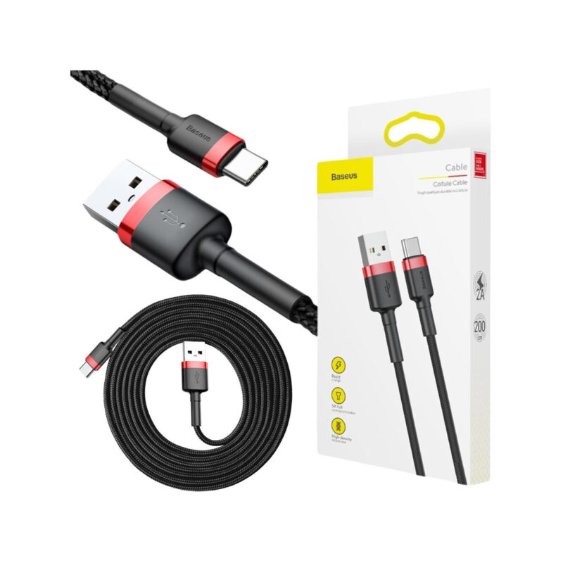 KABEL USB-A / USB-C Baseus Cafule CATKLF-C91 200cm 2A QC 3.0 CZARNO-CZERWONY W OPLOCIE