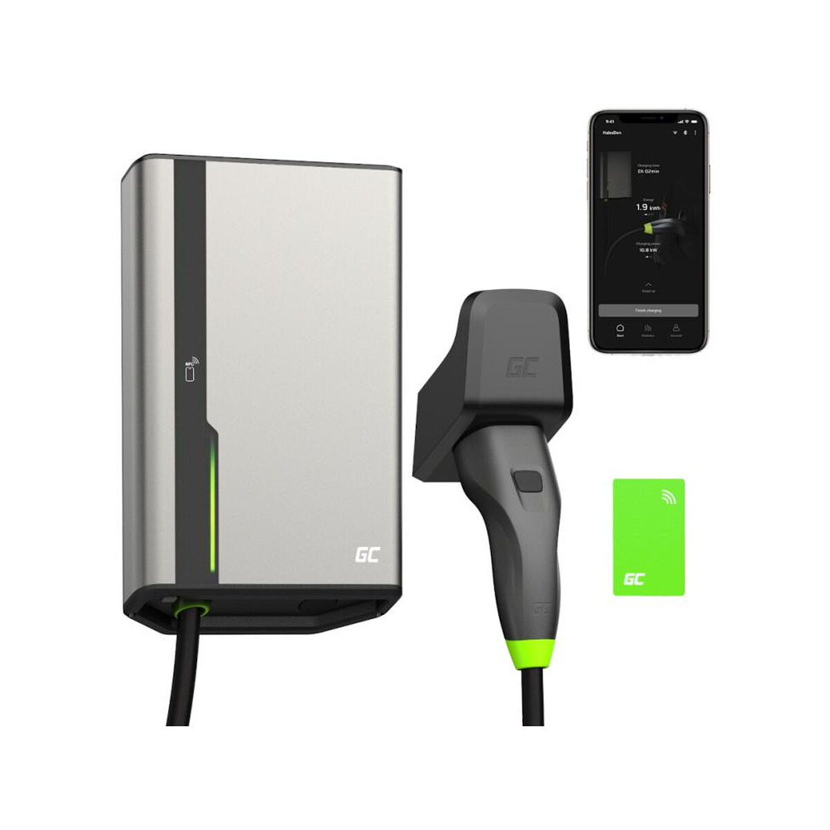 ŁADOWARKA EV Wallbox Green Cell HabuDen EVGC021B2250 22kW TYPE 2 5M GC App NFC BT Wi-Fi