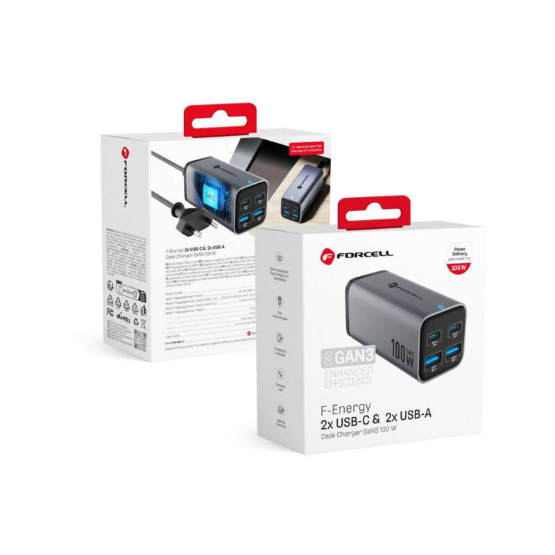 Ładowarka biurkowa Forcell F-Energy GaN III 2x USB-C 2x USB-A QC 4.0 PD 5A 100W VT-49 szara