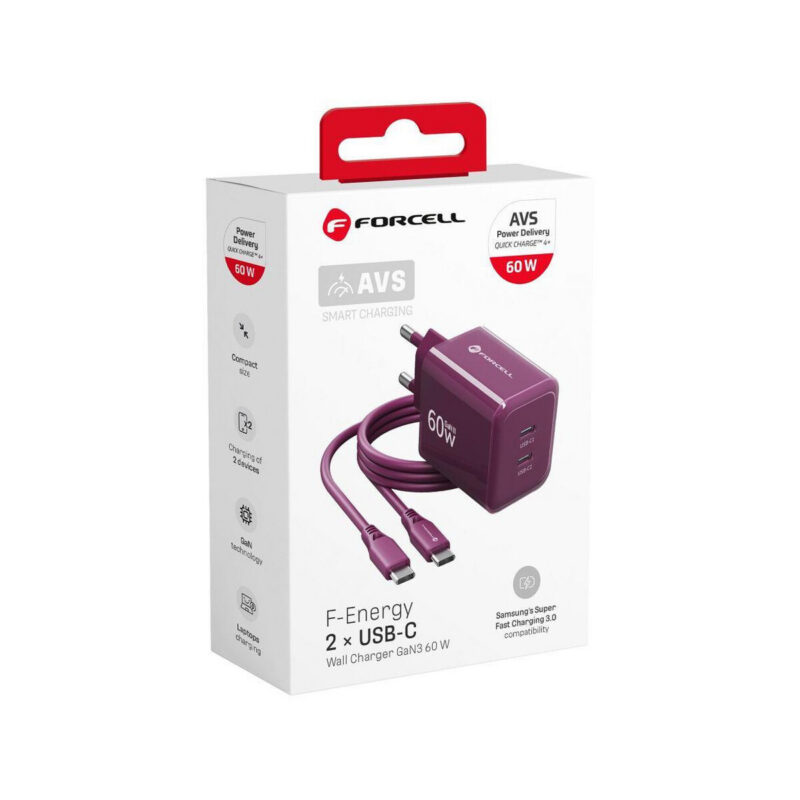Ładowarka sieciowa Forcell F-Energy GaN III VT-60 60W PD QC 4.0+ 2x USB-C burgundowa + kabel USB-C