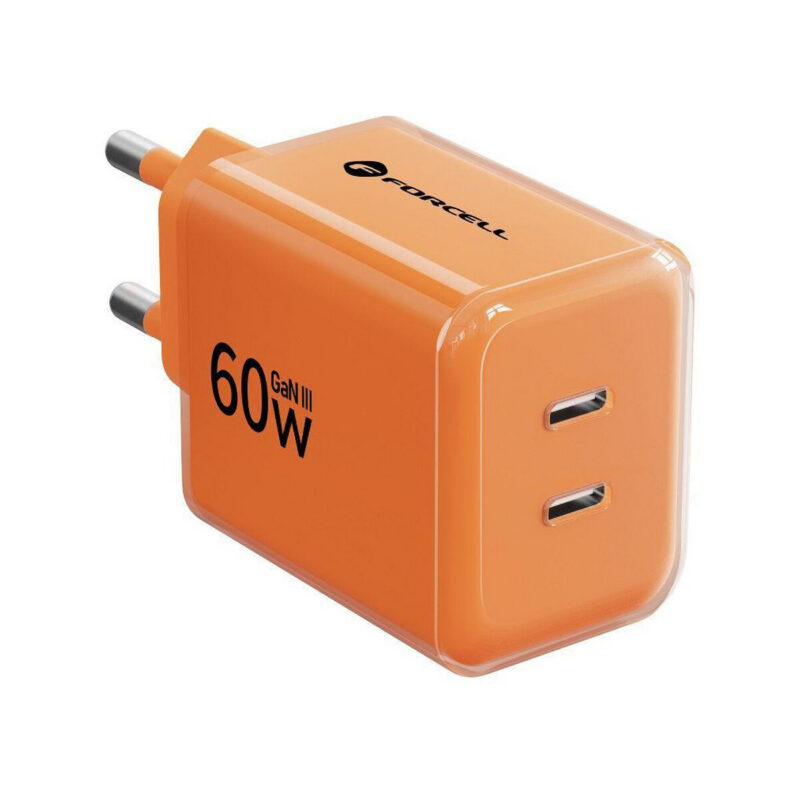 Ładowarka sieciowa Forcell F-Energy GaN III VT-60 60W PD QC 4.0+ 2x USB-C pomarańczowa + kabel USB-C