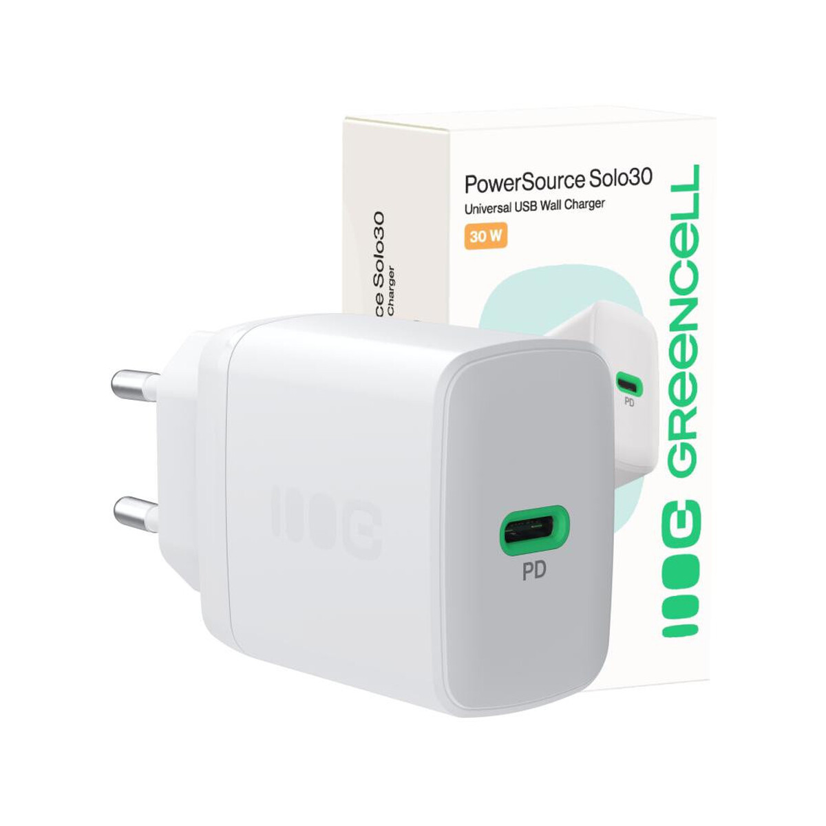 ŁADOWARKA SIECIOWA Greencell PowerSource Solo30 30W 1xUSB-C PD 3.0 QC 4.0+ biała