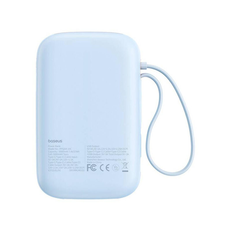 Powerbank Baseus QPow 2 10000mAh 30W z 2 wbudowanymi kablami USB-C - niebieski