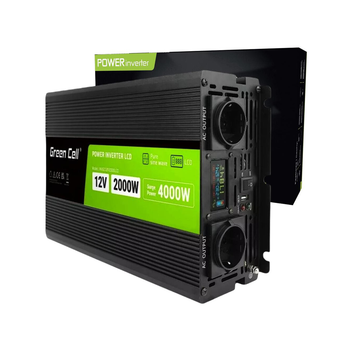PRZETWORNICA NAPIĘCIA Green Cell PowerInverter LCD 12V / 230V 2000W/4000W CZYSTA SINUSOIDA