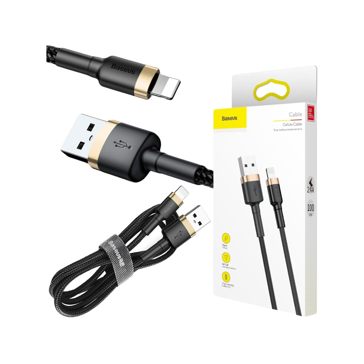 KABEL USB-A / Lightning iPhone Baseus Cafule CALKLF-BV1 100cm Apple 2.4A CZARNO-ZŁOTY W OPLOCIE