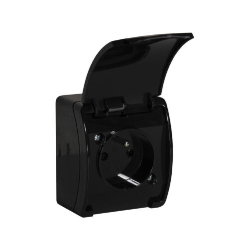Gniazdo natynkowe pojedyncze z uziemieniem, z klapką VIPLAST KOALA CZARNE IP44 161-05