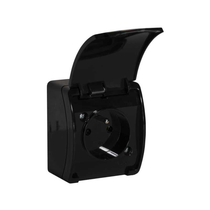 Gniazdo natynkowe pojedyncze z uziemieniem, z klapką VIPLAST KOALA CZARNE IP44 161-05